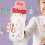 Personalised Cute Peter Rabbit Floral Initial 12 oz Insulated Water Bottle with Silicone Straw and Spill-Proof Lid Easter Back to School Gift for Kids