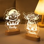 Personalized Highland Cow LED Night Light with Name and Wooden Base Home Decor Children's Day Birthday Gift for Kids Highland Cow Lover