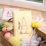 Personalized Easter Bunny Floral Initial Spiral Notebook and Pom Pom Pen Set with Name Back to School Easter Gift for Boys Girls