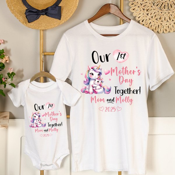 Personalized Fantasy Unicorn Elephant Giraffe Animal 100% Cotton T-shirt Baby Bodysuit with Name Our 1st Mother's Day Birthday Gift for Baby Mom