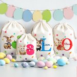 Personalized Watercolor Floral Bunny Name Drawstring Gift Bag with Initial Easter Party Egg Hunting Birthday Gift for Boys Girls