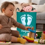 Personalized Baby Footprint Waterproof Laundry Storage Basket with Name and Birth Information Baby Shower Housewarming Gift for Kids Family
