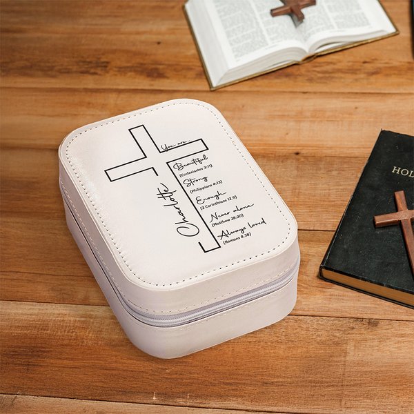 Gepersonaliseerde Kruis Naam Bijbel Vers Lederen Reis Sieraden Doos met Verstelbare LED Make-up Spiegel Verjaardag Huwelijkscadeau voor Vrouwen Christen