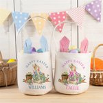 Personalized Happy Easter Cute Peter Rabbit Ears Bucket Bag with Initial and Name Easter Egg Hunt Basket Easter Birthday Party Favors Gift for Kids