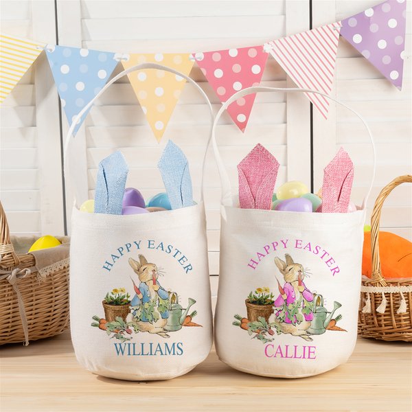 Personalised Happy Easter Cute Peter Rabbit Ears Bucket Bag with Initial and Name Easter Egg Hunt Basket Easter Birthday Party Favors Gift for Kids