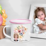Personalized Cross Birth Flower Bunny Ears Cartoon Character 11oz Colored Rim Enamel Mug with Name Easter Back to School Birthday Gift for Kids