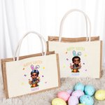 Personalized Cartoon Kid Bunny Ears Reusable Jute Tote Bag with Name Easter Gift for Boys Girls