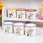 Personalized Cross Birth Flower Bunny Ears Cartoon Character 11oz Colored Rim Enamel Mug with Name Easter Back to School Birthday Gift for Kids