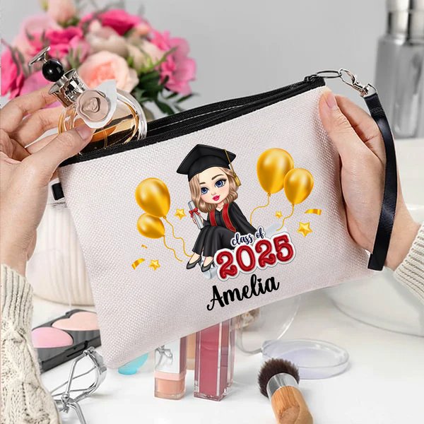 Personalized Balloon Cartoon Graduate Linen Makeup Bag with Name Year and Wristband Graduation Travel Accessories Gift for Women Girls