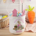 Personalized Happy Easter Cute Peter Rabbit Ears Bucket Bag with Initial and Name Easter Egg Hunt Basket Easter Birthday Party Favors Gift for Kids