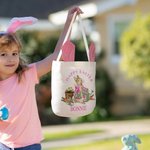Personalized Happy Easter Cute Peter Rabbit Ears Bucket Bag with Initial and Name Easter Egg Hunt Basket Easter Birthday Party Favors Gift for Kids