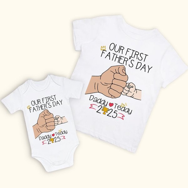 Personalized Fist Bump Father and Baby Tees Best Dad 100% Cotton T-shirt Our First Father’s Day Gift for New Dad
