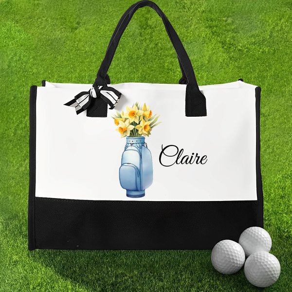 Personlig födelseblomma i golfväska Stor Canvas Tote Bag med namn Golfklubb Födelsedagspresent för golfspelare
