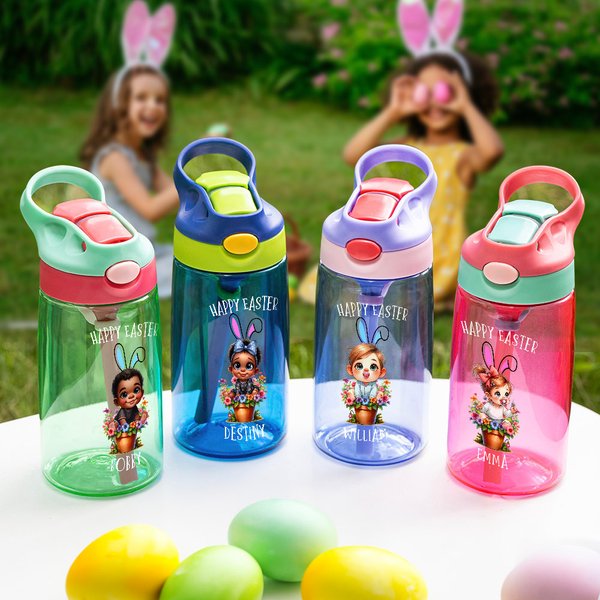 Bouteille d'Eau 475 ml avec Poignée et Paille 3D Personnalisée avec Pot de Fleurs Dessin Animé Cadeau Anniversaire pour Enfants