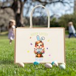 Personalized Cartoon Kid Bunny Ears Reusable Jute Tote Bag with Name Easter Gift for Boys Girls