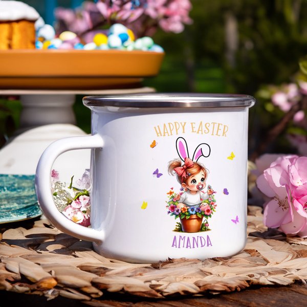 Gepersonaliseerde 3D Cartoon Bloempot Boy Girl 11oz zilveren rand emaille mok met naam Vrolijk Pasen Feest Favor Gift voor kinderen