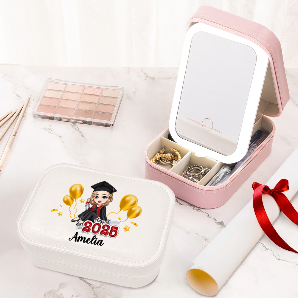 Ballon personnalisé Graduation Cartoon Girl Name Leather Jewelry Box with LED Three-color Adjustable Makeup Mirror Graduation Birthday Gift for Women