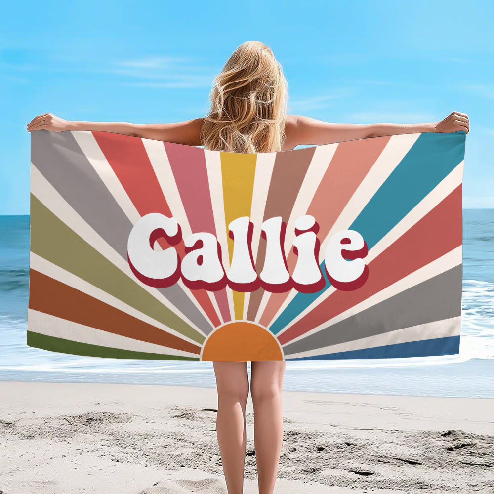 Serviette de Plage Multicolore Personnalisée avec Nom Style de Reflet du Soleil Accessoire à Séchage Rapide Cadeau Anniversaire pour Famille Amis