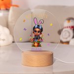 Personalized Cartoon Kid Character Rabbit Ears LED Night Light with Wooden Base and Name Easter Gift for Boys Girls