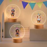 Personalized Cartoon Kid Character Rabbit Ears LED Night Light with Wooden Base and Name Easter Gift for Boys Girls