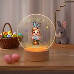 Personalized Cartoon Kid Character Rabbit Ears LED Night Light with Wooden Base and Name Easter Gift for Boys Girls