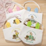 Personalized Happy Easter Cute Peter Rabbit Ears Bucket Bag with Initial and Name Easter Egg Hunt Basket Easter Birthday Party Favors Gift for Kids
