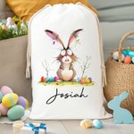 Personalized Quirky Easter Bunny Large Capacity Drawstring Canvas Treat Bag with Name Easter Egg Hunt Holiday Party Favors Gift for Kids Family