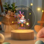 Personalized Cartoon Kid Character Rabbit Ears LED Night Light with Wooden Base and Name Easter Gift for Boys Girls