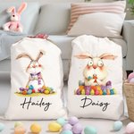 Personalized Quirky Easter Bunny Large Capacity Drawstring Canvas Treat Bag with Name Easter Egg Hunt Holiday Party Favors Gift for Kids Family