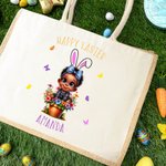 Personalized Cartoon Kid Bunny Ears Reusable Jute Tote Bag with Name Easter Gift for Boys Girls