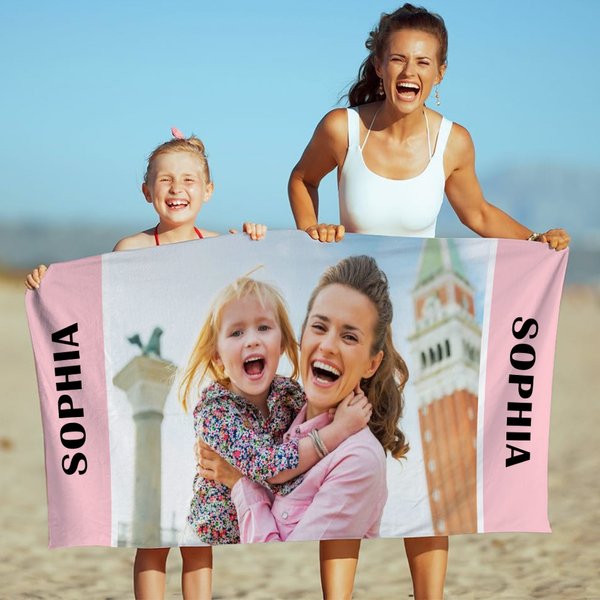 Serviette de Plage Super Absorbante Personnalisée avec Photo Nom et Texte Accessoire à Séchage Rapide Cadeau Anniversaire Vacances pour Famille Enfant