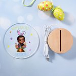 Personalized Cartoon Kid Character Rabbit Ears LED Night Light with Wooden Base and Name Easter Gift for Boys Girls