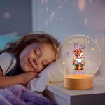 Personalized Cartoon Kid Character Rabbit Ears LED Night Light with Wooden Base and Name Easter Gift for Boys Girls