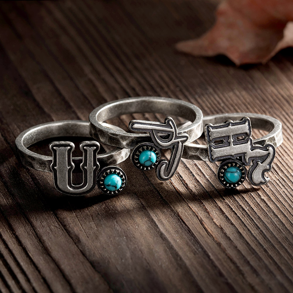 Bague Turquoise avec Initiales Personnalisée Cadeau d'Anniversaire pour Femmes Cowgirl Lovers