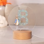 Personalisierte Floral Initial niedlichen Peter Rabbit Acryl LED-Nachtlicht mit hölzernen Basis und Name Home Decor Ostern Party Geburtstag Geschenk für Kinder