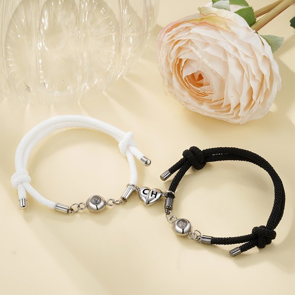 Personalized Infinite Photo Projection Bracelet Set of 2 with Magnetic Heart Charm and Initial Birthday Anniversary Gift for Couple