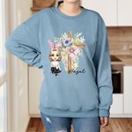 Personalized Cross Birth Flower Bunny Ear Cartoon Character Kid Adult T-shirt Sweatshirt with Name Easter Party Gift for Kids Family