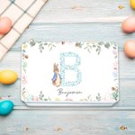 Personalised Cute Peter Rabbit Floral Initial Easter Biscuit Tin Storage Box with Name Easter Party Birthday Gift for Kids
