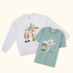 Personalized Cross Birth Flower Bunny Ear Cartoon Character Kid Adult T-shirt Sweatshirt with Name Easter Party Gift for Kids Family