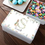 Personalised Cute Peter Rabbit Floral Initial Easter Biscuit Tin Storage Box with Name Easter Party Birthday Gift for Kids