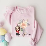 Personalized Cross Birth Flower Bunny Ear Cartoon Character Kid Adult T-shirt Sweatshirt with Name Easter Party Gift for Kids Family