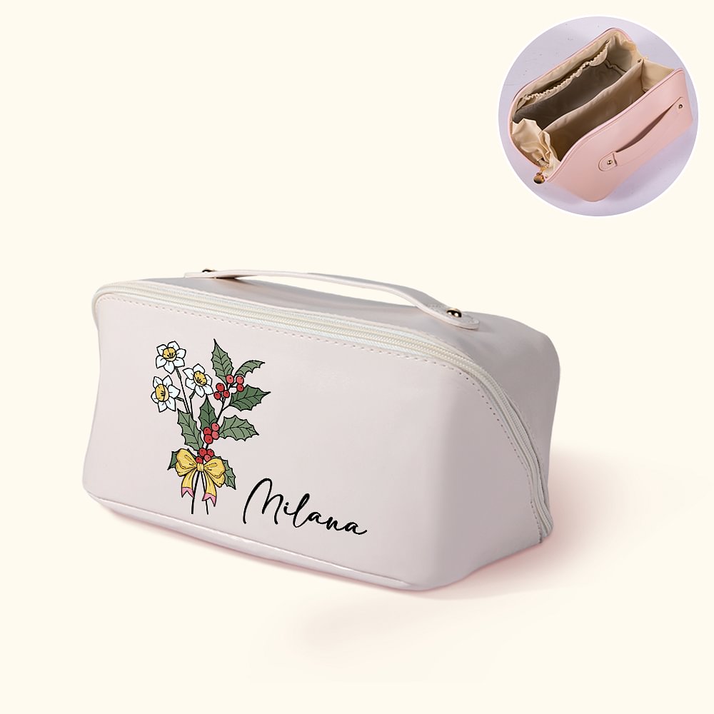Sac de maquillage en cuir imperméable avec nom et poignée Anniversaire Cadeau de mariage pour elle