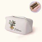 Personalised Birth Flower Bouquet Waterproof Leather Makeup Bag with Name and Handle Birthday Wedding Gift for Her