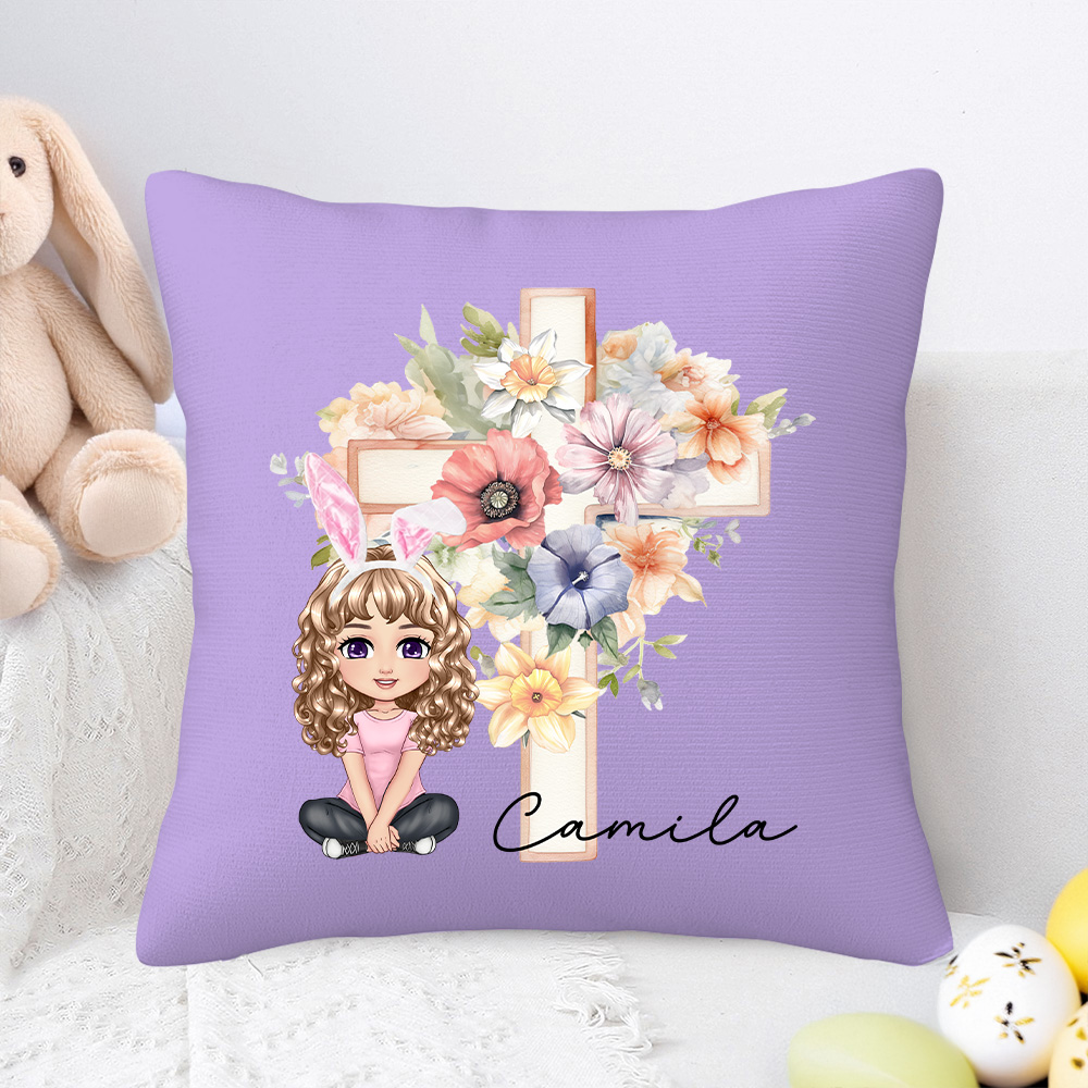 Personalized Cartoon Character Cross 1-5 Birth Flowers Soft Throw Pillow Cover with Name Easter Housewarming Gift for Family Friends