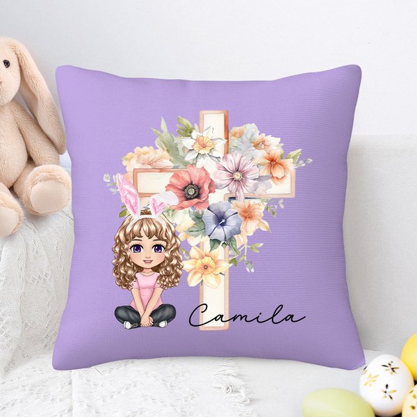 Personalized Cartoon Character Cross 1-5 Birth Flowers Soft Throw Pillow Cover with Name Easter Housewarming Gift for Family Friends