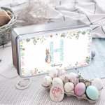 Personalised Cute Peter Rabbit Floral Initial Easter Biscuit Tin Storage Box with Name Easter Party Birthday Gift for Kids