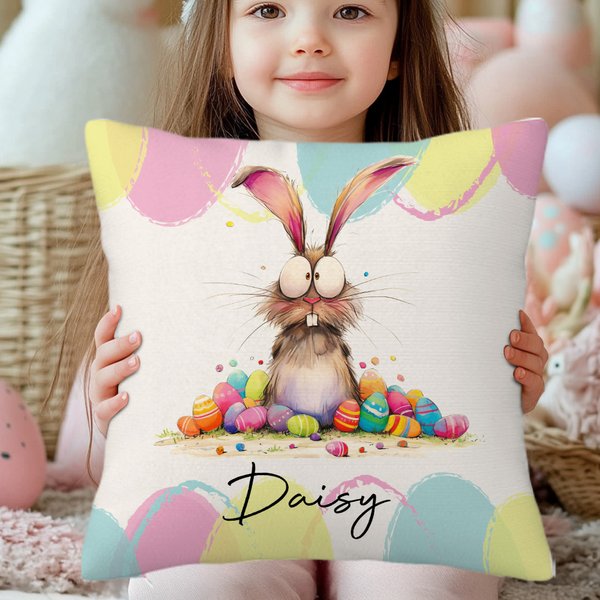 Personalized Quirky Easter Egg Bunny Soft Throw Pillow Cover with Name Easter Party Home Decor Gift for Kids