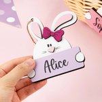 Personalized Cute Bow Bunny Wooden Easter Basket Tag with Name Holiday Decor Easter Birthday Party Favor Gift for Kids