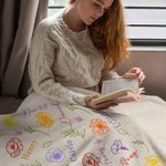 Personalized Word Cloud Birth Flower Heart Soft Family Blanket with 1-15 Names Mother's Day Birthday Housewarming Gift for Grandma Mom
