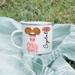 Personalized Cartoon Mini Boss Character Birth Flower 12 oz Enamel Mug with Name Back to School Birthday Gift for Boys Girls